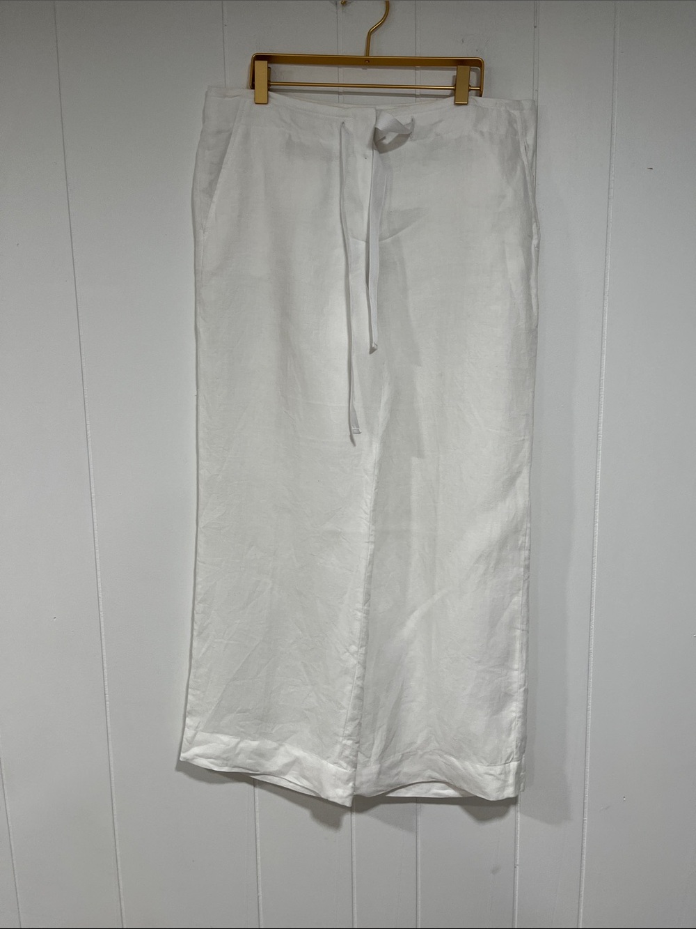 Talbots Petites White‎ Linen Wide Leg Drawstring Pants 12p coastal resort